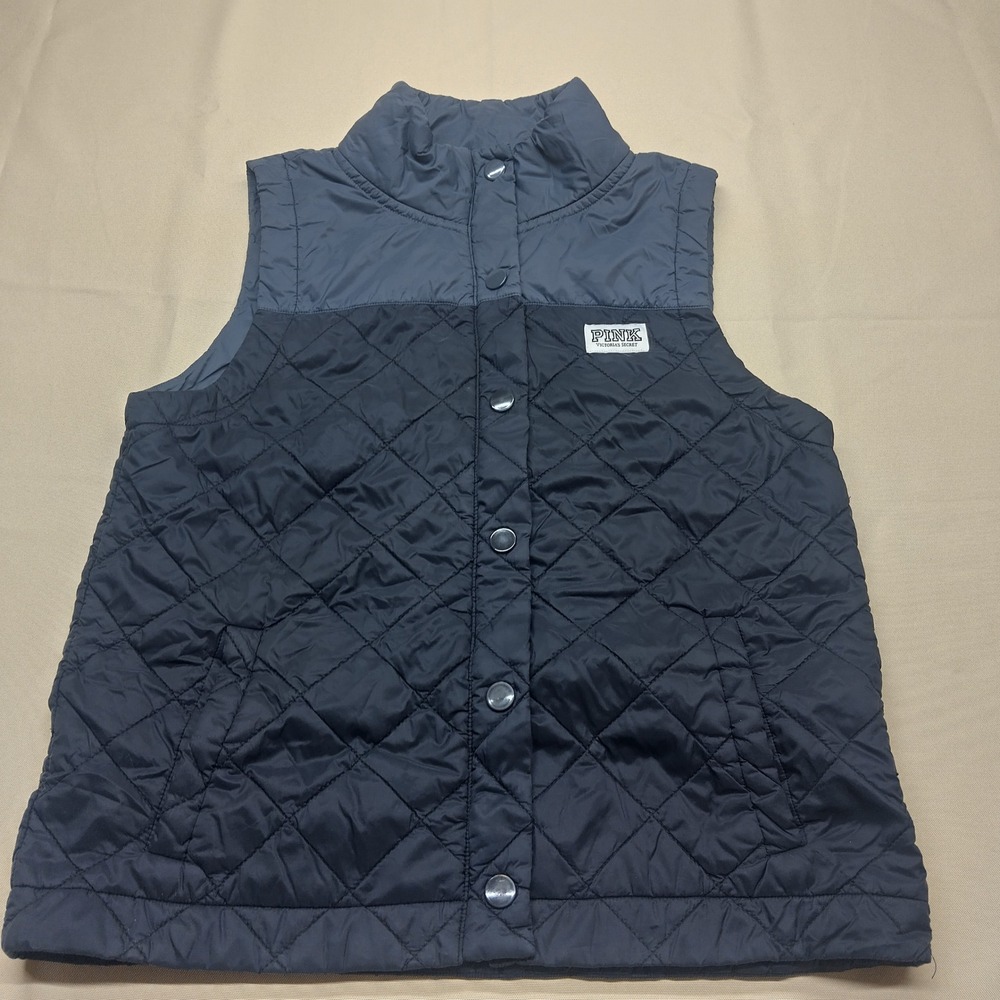 Victoria's Secret PINK Quilted Puffer Vest Navy Blue Slate Grey Snap Front Small